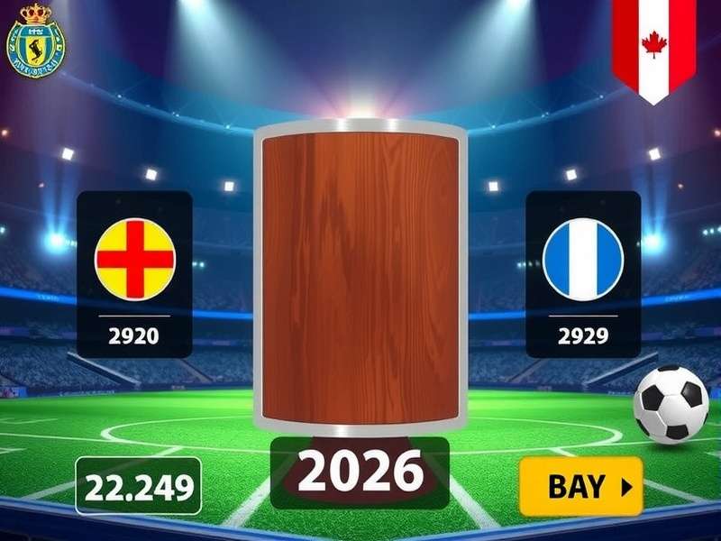 FIFA World Cup trophy on green pitch with stadium lights in background